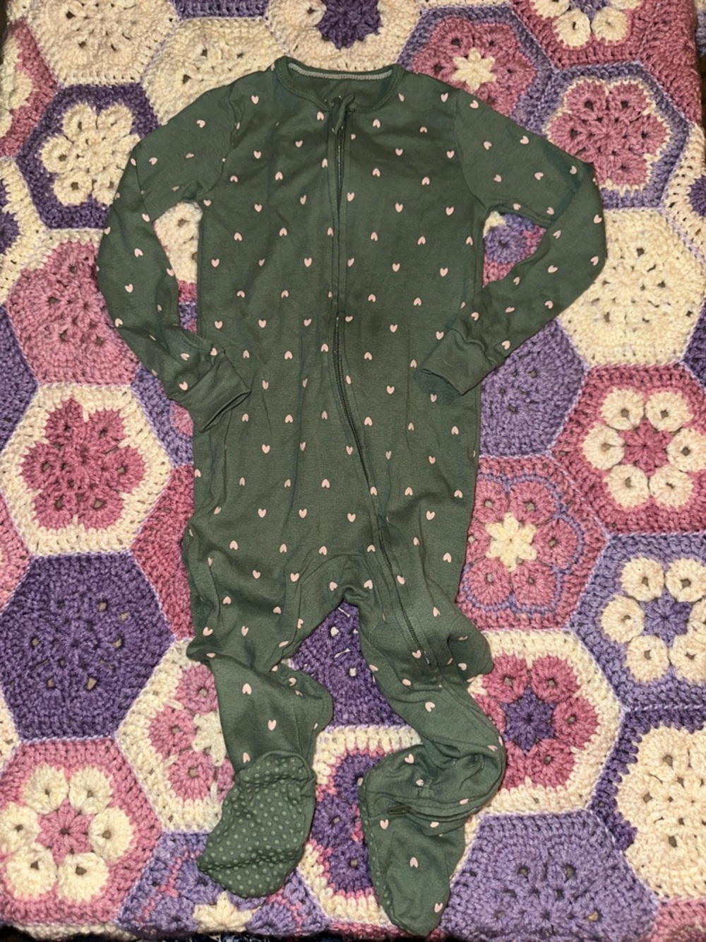 cloud island Green Footed Double Zipper One-Piece with Pink Heart Dot Print